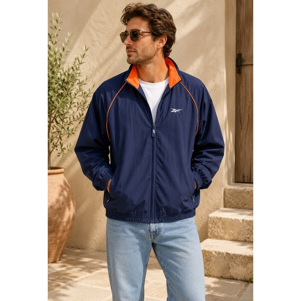 Vintage Reebok Mens Windbreaker Jacket Navy Blue Orange Mesh Lined Full Zip M